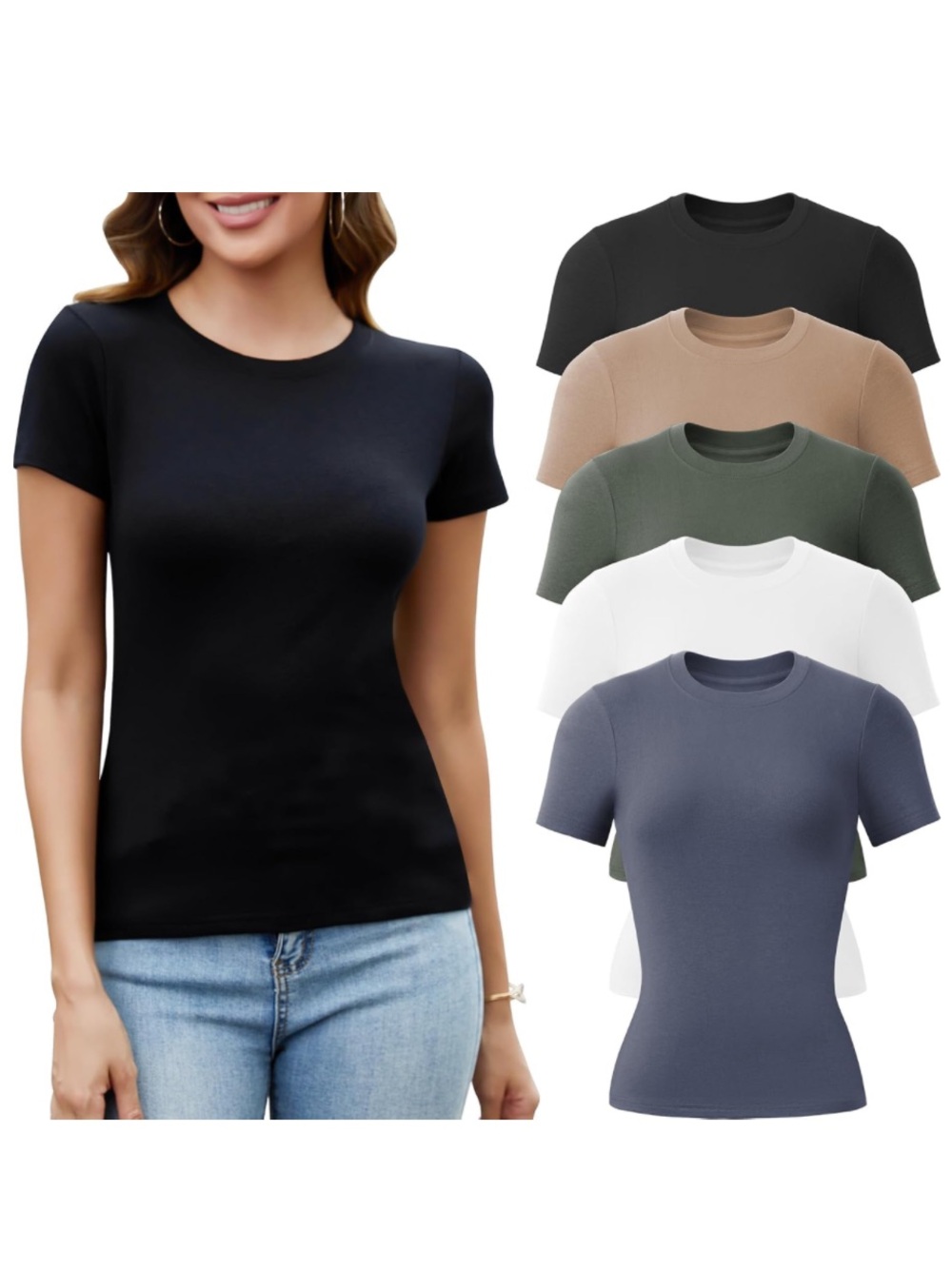 Classic Crewneck Short Sleeve Tee 5Pack (Blue,Green,brown,black,white) Size M